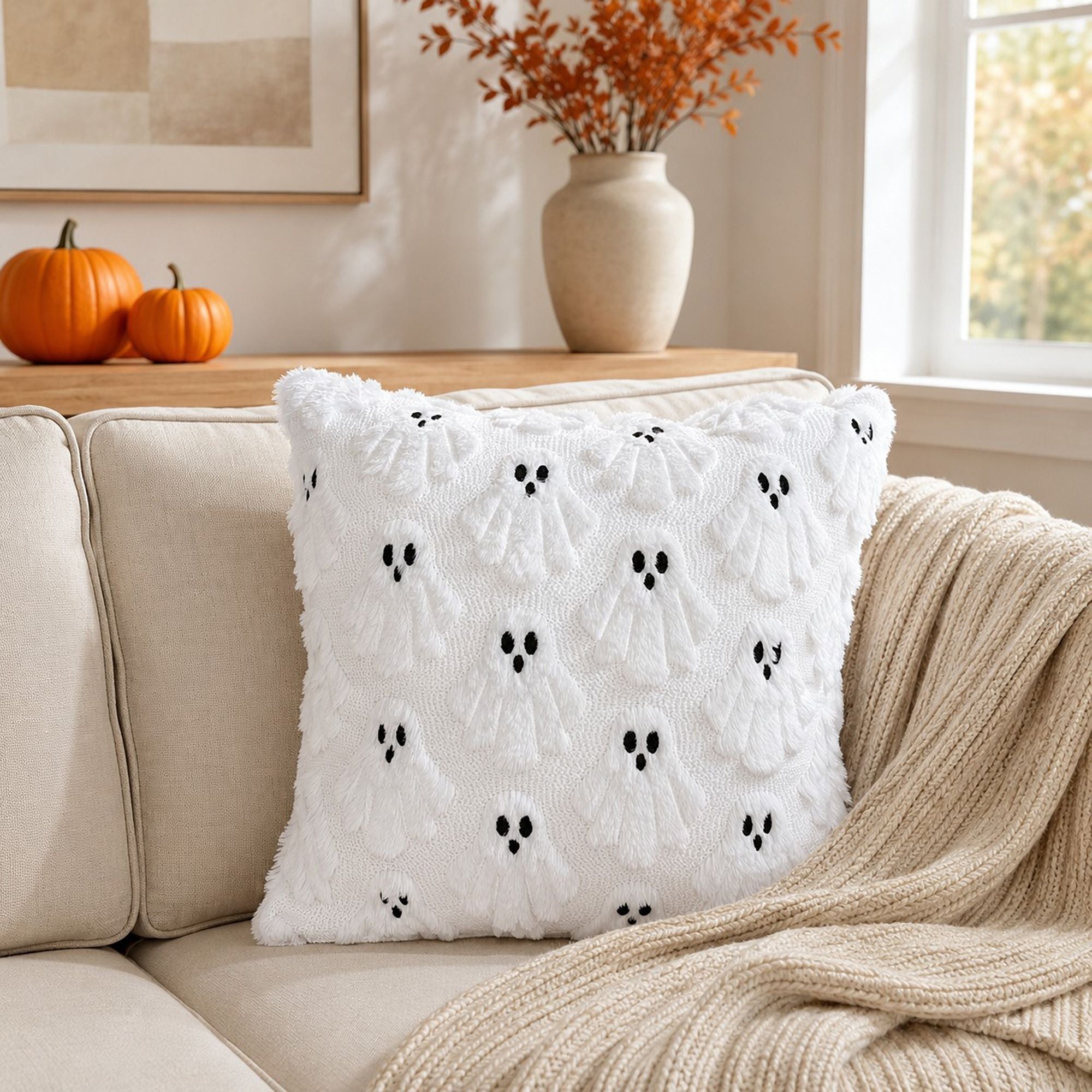 Halloween Tufted Ghost Throw Pillow Cover for Couch Bed and Chair