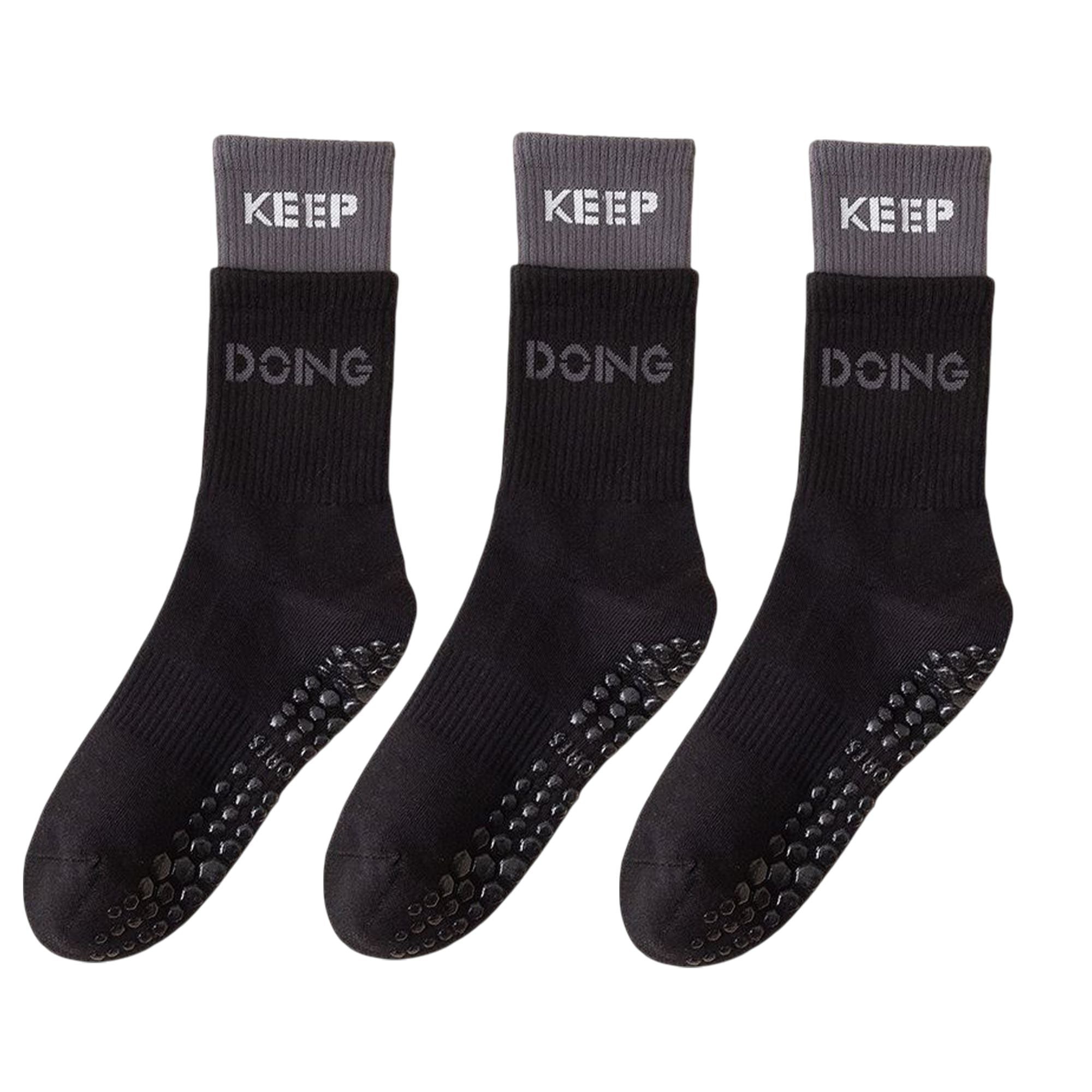 Anna-Kaci Women's 3-Pair Set Mid-Calf Grip Socks with Cushioned Soles and Motivational Text for Yoga Pilates Fitness