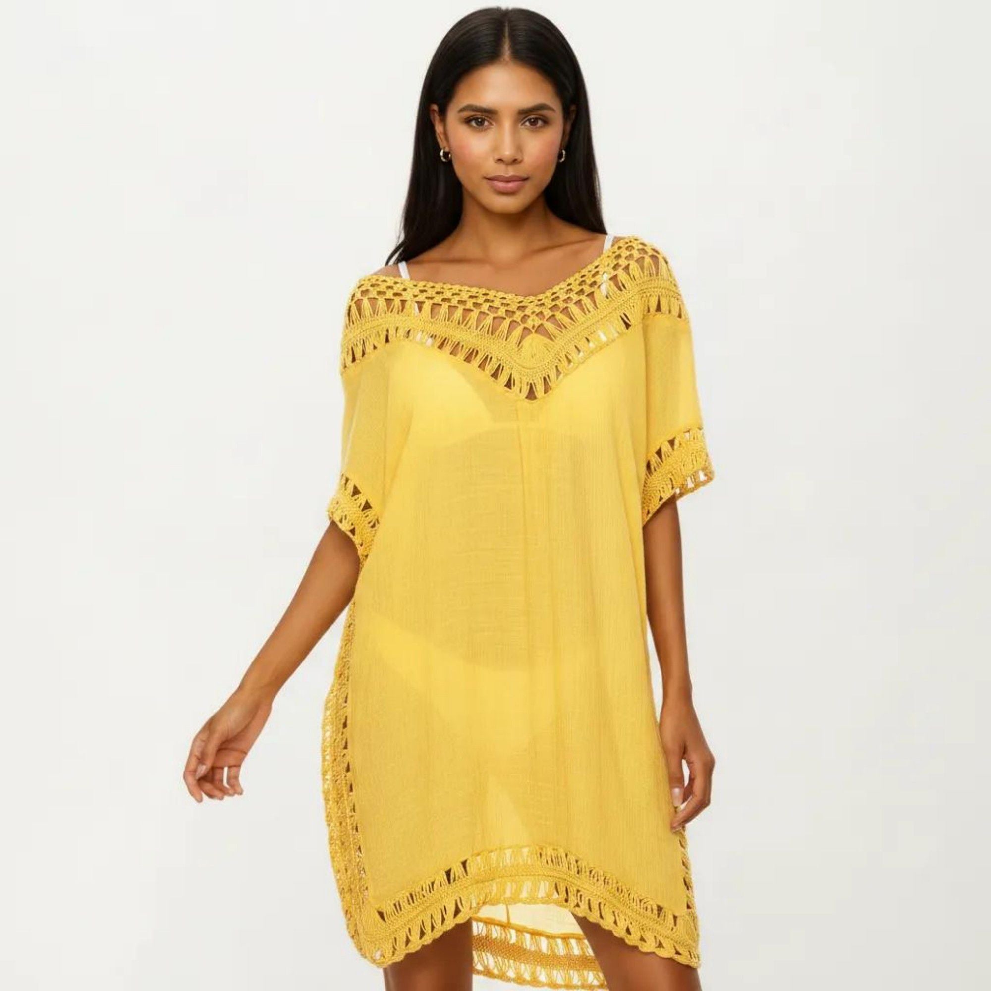 Anna-Kaci Women's Swim Cover Up Dress with Crochet Trim Short Sleeves Relaxed Lightweight Beach Caftan