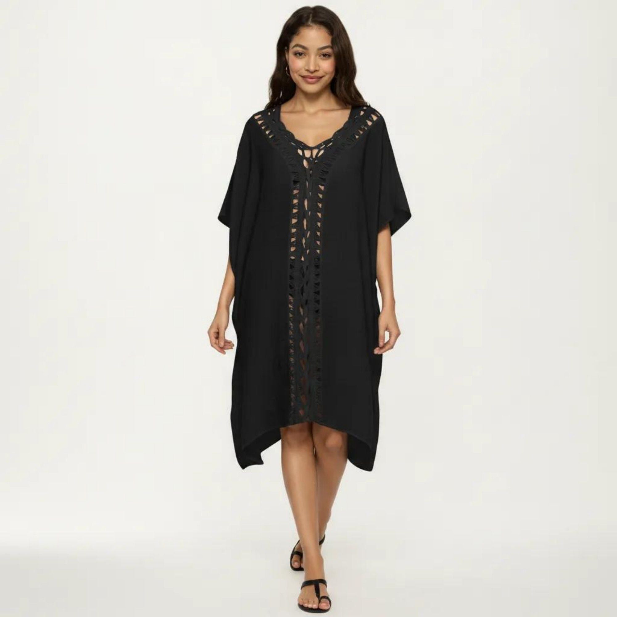Anna-Kaci Women's Crochet Trim Swim Cover Up Dress Loose Short Sleeve Lightweight Beach Kaftan