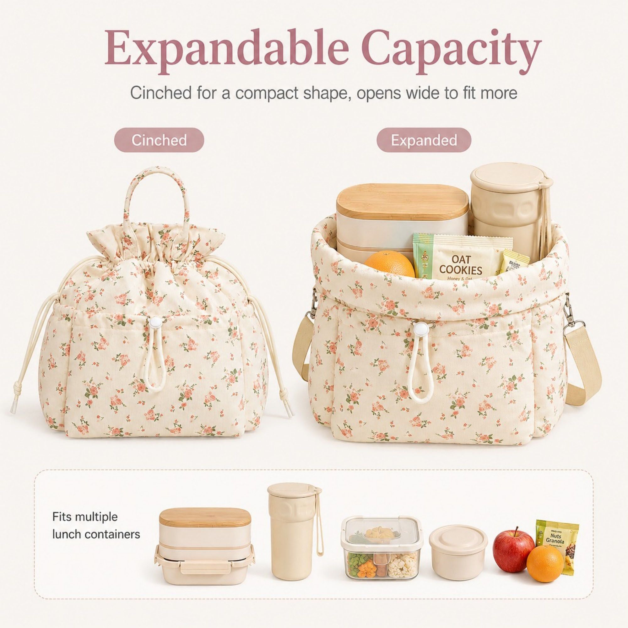 Insulated Drawstring Lunch Bag with Pockets, Top Handles and Shoulder Strap