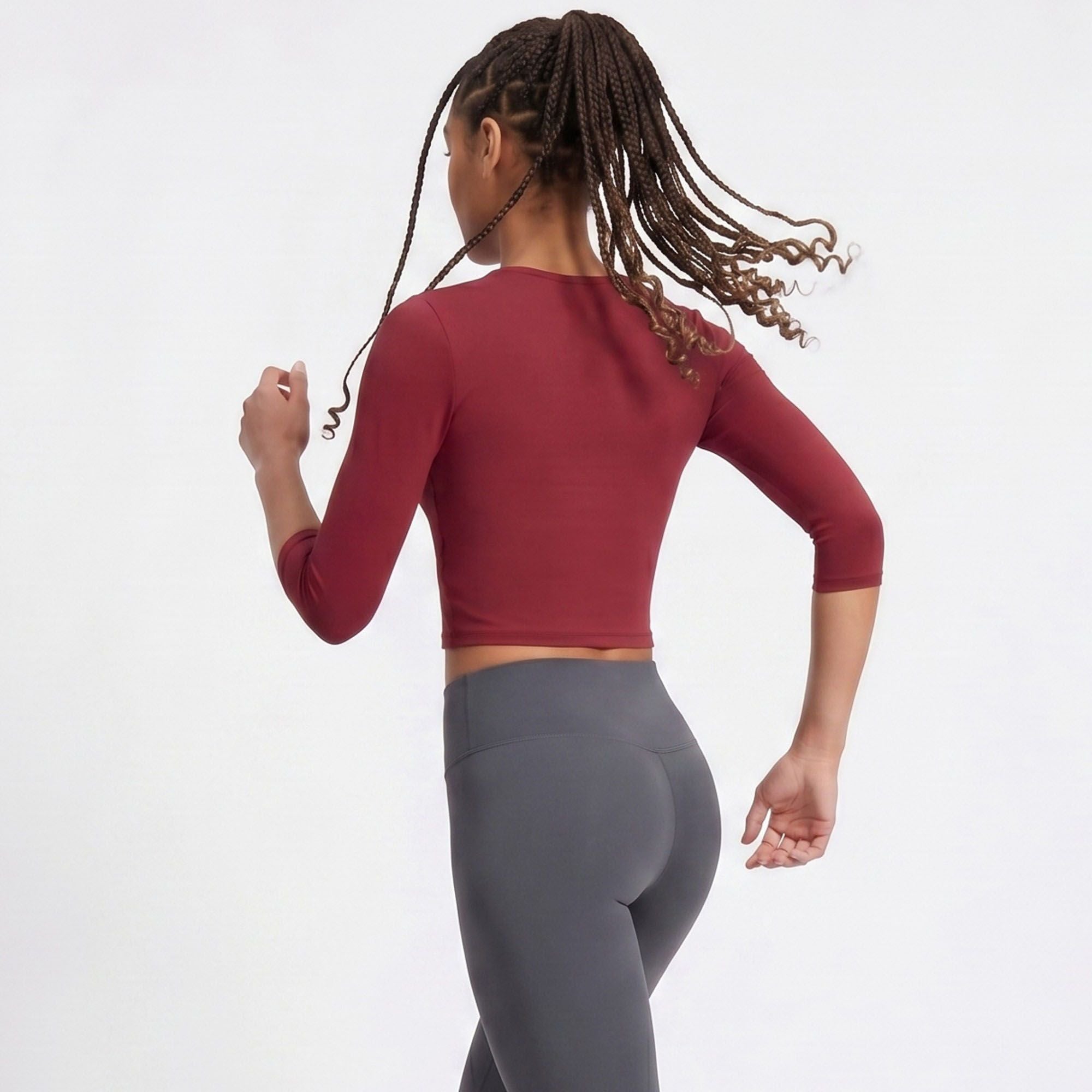 Elbow Sleeve Workout Top Crew Neck Fitted Crop Yoga Activewear Shirt