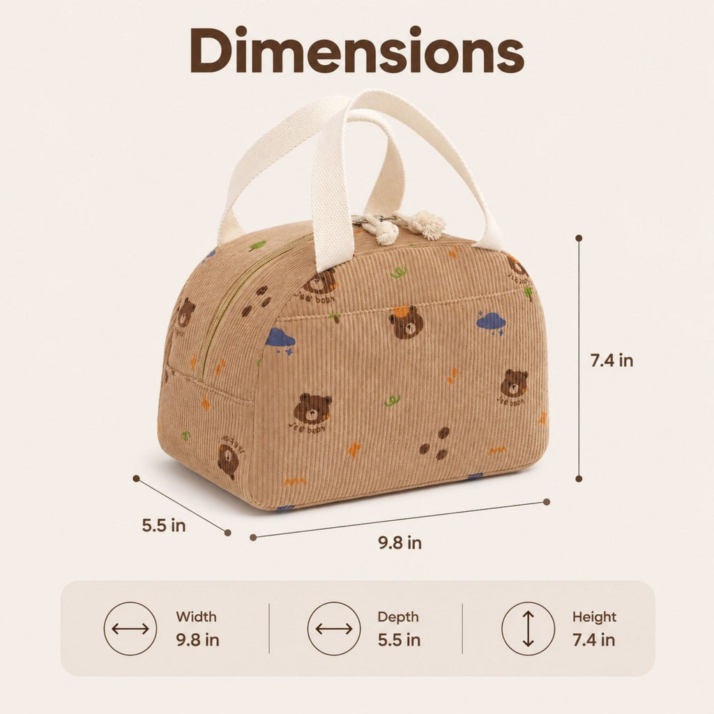 Heart Print Corduroy Insulated Lunch Bag with Handles and Zip Closure