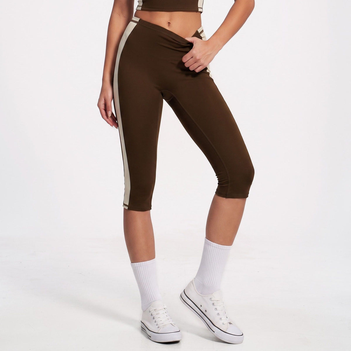 Colorblock High Waist Capri Leggings Fitted Cropped Yoga Pants for Running Gym Training