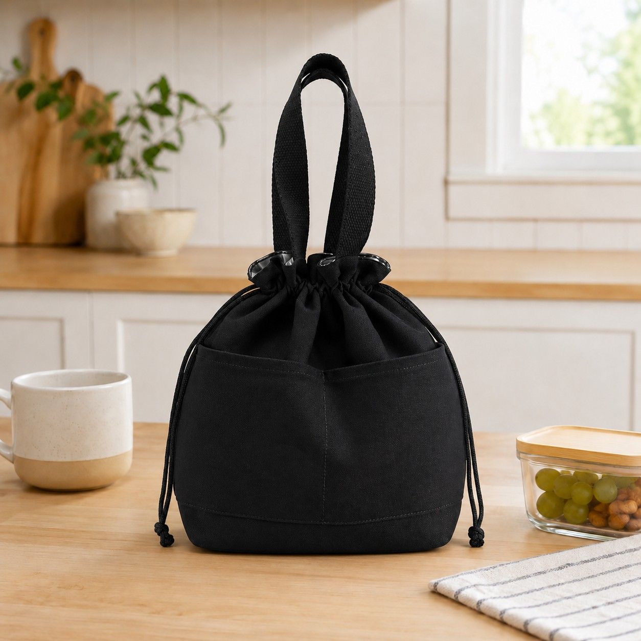 Insulated Drawstring Lunch Bag with Front Pockets Reusable Lunch Tote