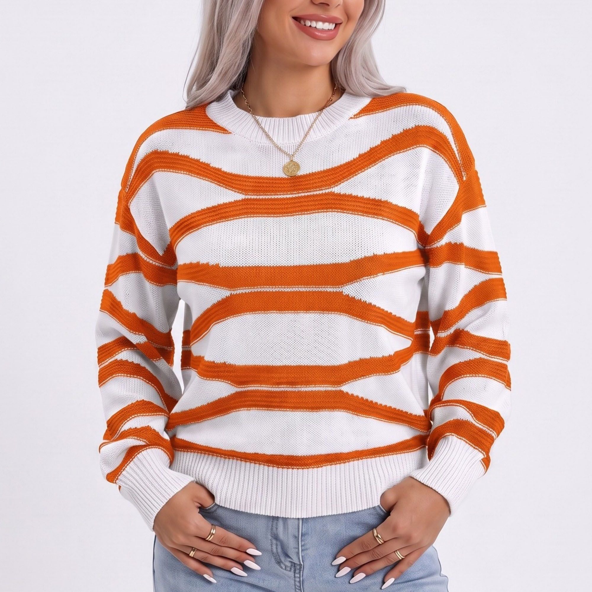 Wavy Stripe Crew Neck Long Sleeve Knit Sweater