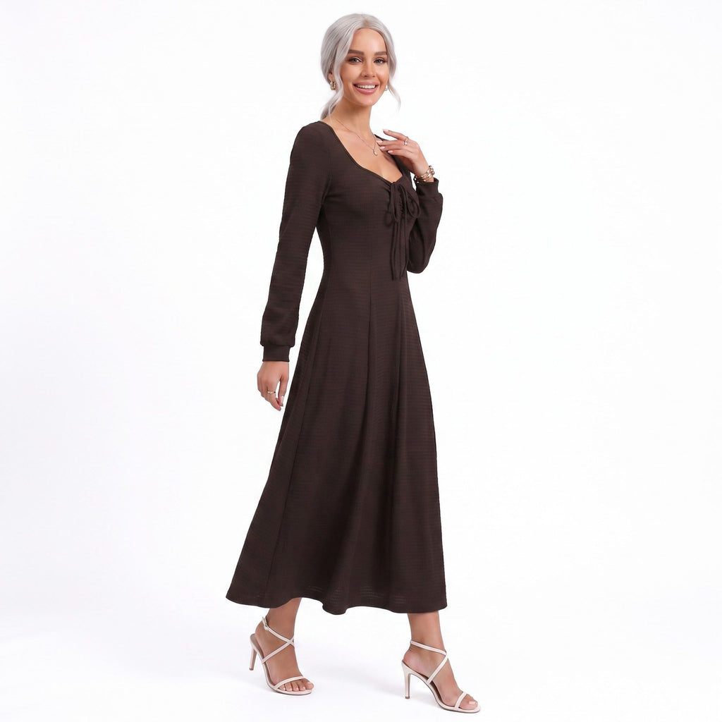 Tie Front Maxi Dress Square Neck Long Sleeve Fit and Flare Textured Dress
