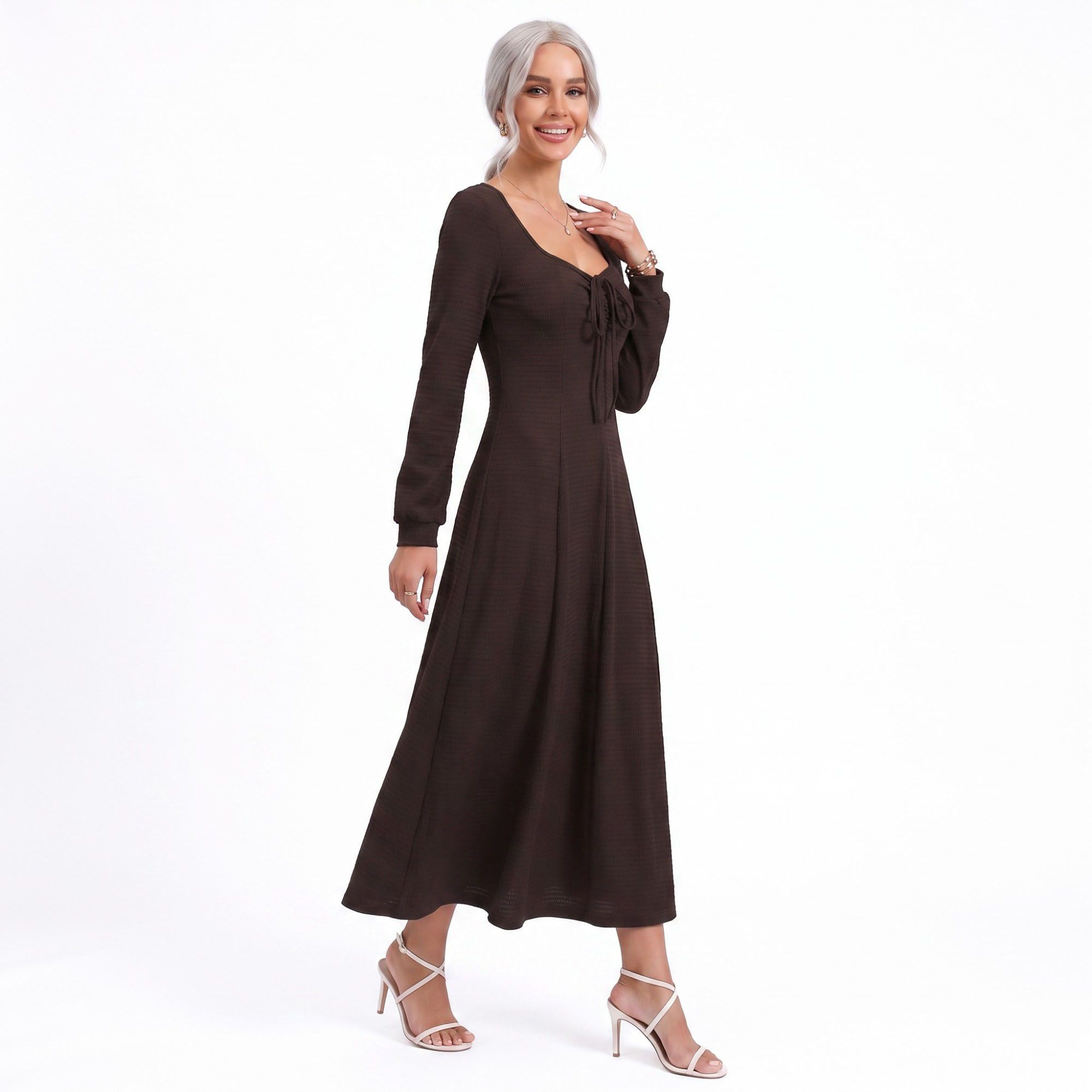 Tie Front Maxi Dress Square Neck Long Sleeve Fit and Flare Textured Dress