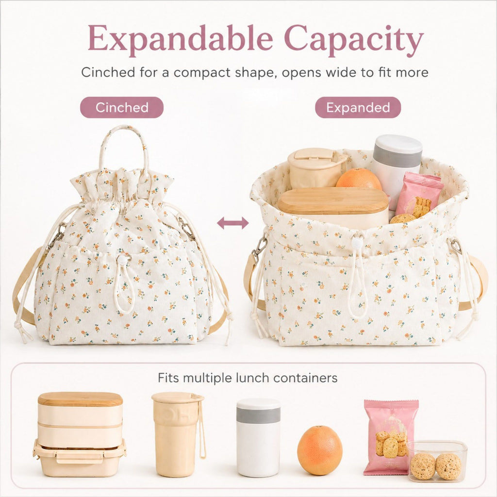 Insulated Drawstring Lunch Bag with Pockets, Top Handles and Shoulder Strap