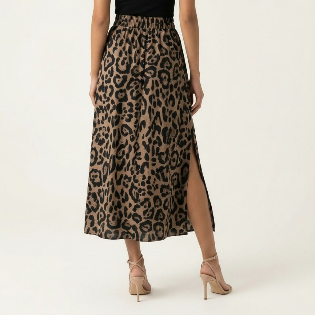 Anna-Kaci Women's Leopard Print Midi Skirt High Waist Elastic Waist Side Slit Flowy A Line Skirt