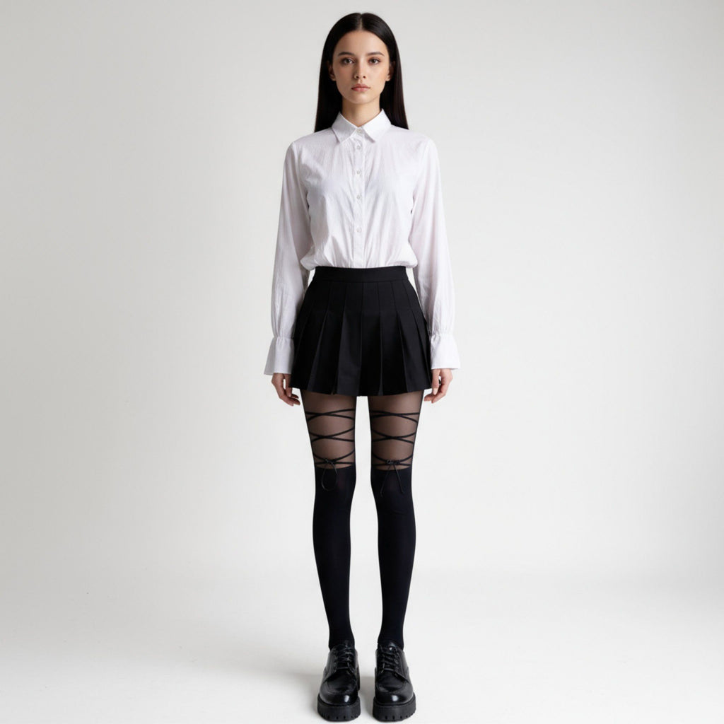Anna-Kaci Women's Sheer Tights with Crisscross Lace-Up Detail and Opaque Lower Leg Design