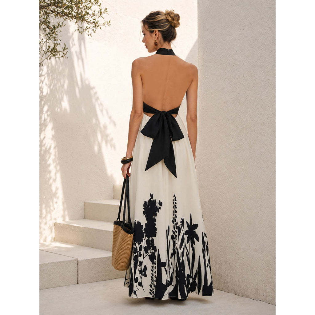 Halter Neck Maxi Dress with Crisscross Straps Open Back Tie Waist Botanical Border Print and A Line Skirt
