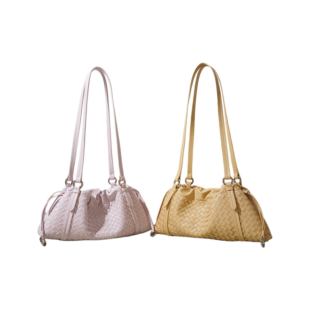 Woven Leather Shoulder Satchel with Ruched Top Detail Long Straps and Slouchy Shape