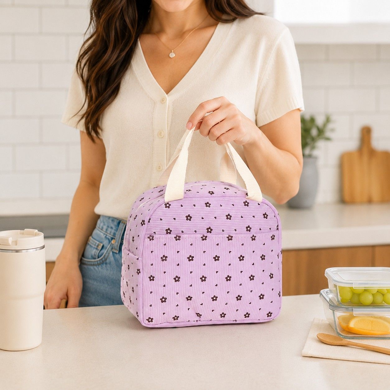 Floral Corduroy Insulated Lunch Tote Bag with Front Pocket and Zip Closure