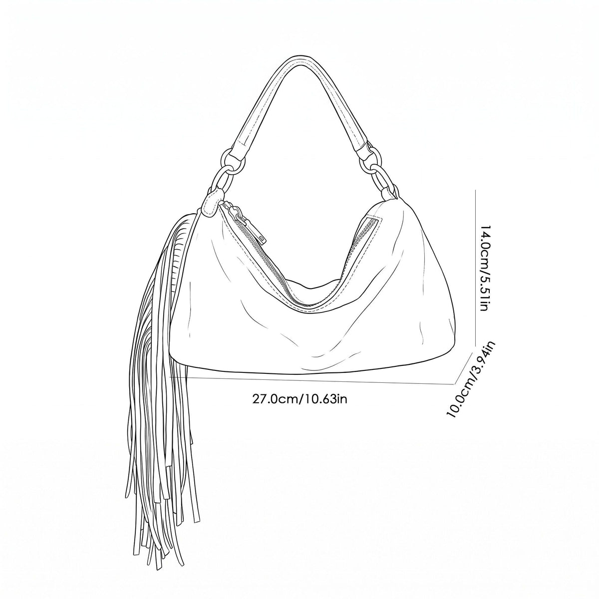Slouchy Shoulder Handbag with Fringe Tassel and Zipper Closure