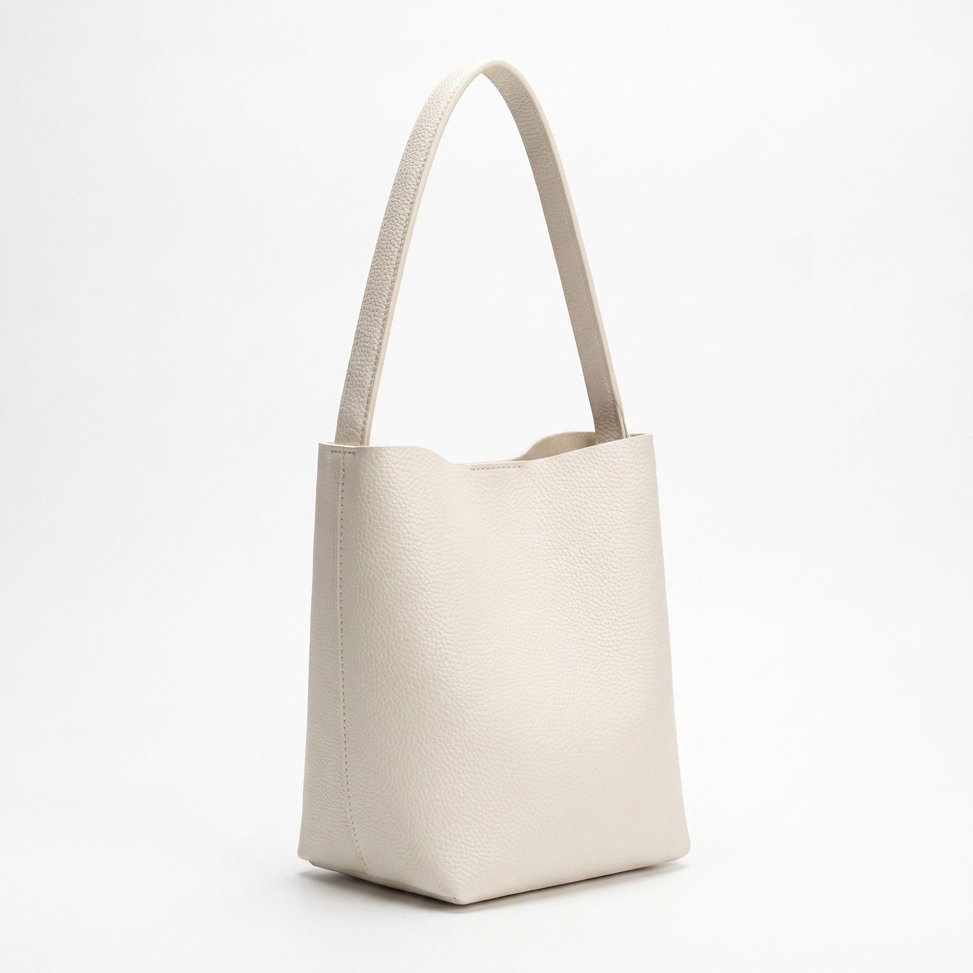 Textured Bucket Shoulder Bag with Long Strap and Soft Structured Silhouette 8.5x6.7x2.5in