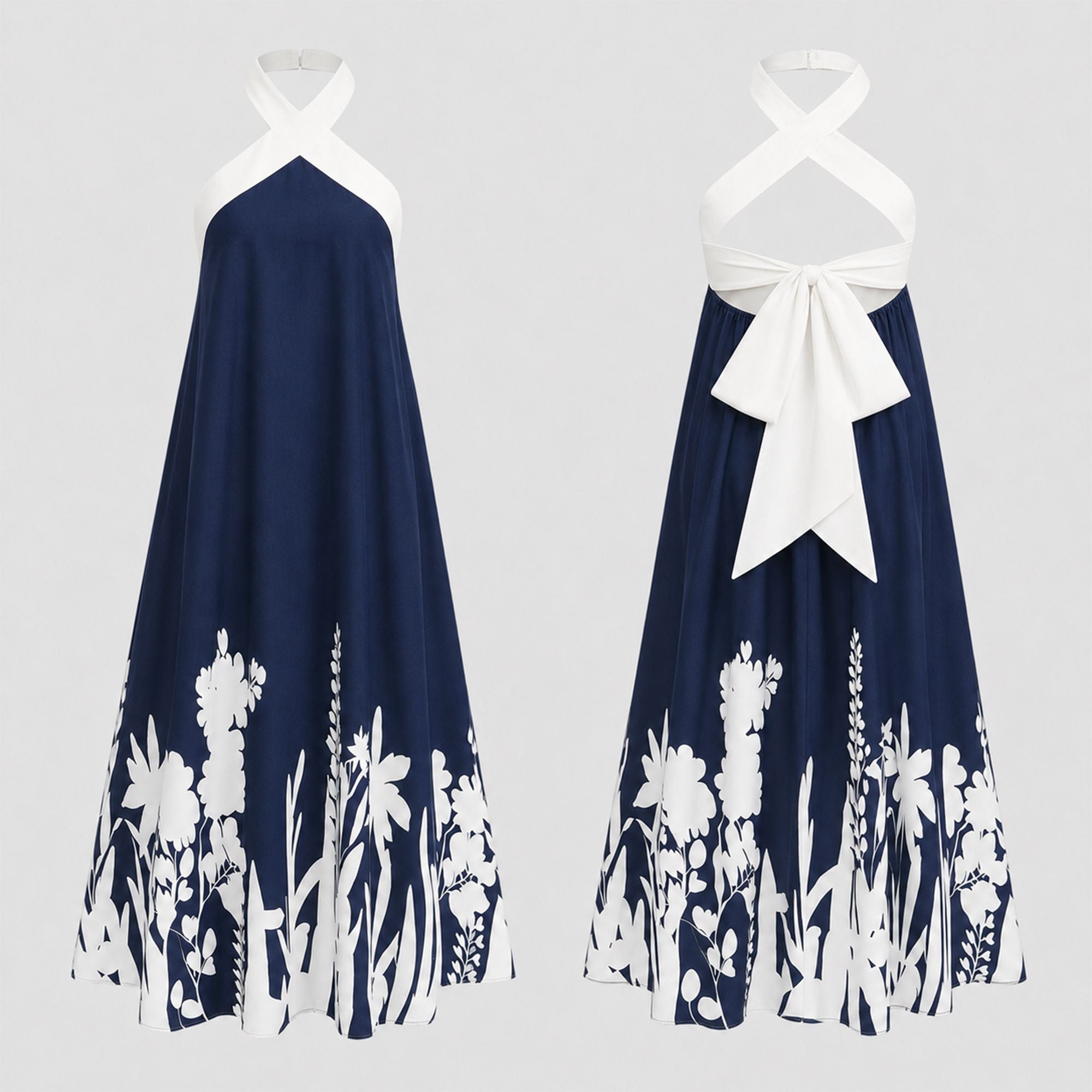 Halter Neck Maxi Dress with Crisscross Straps Open Back Tie Waist Botanical Border Print and A Line Skirt