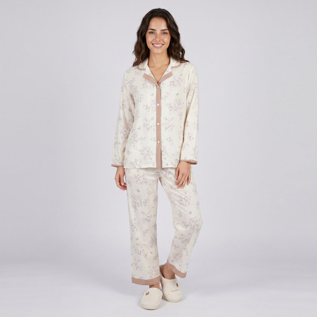 Anna-Kaci Lounge Womens 2-Piece Pajama Set Long Sleeve Button Front Shirt and Matching Pants with Floral Butterfly Print