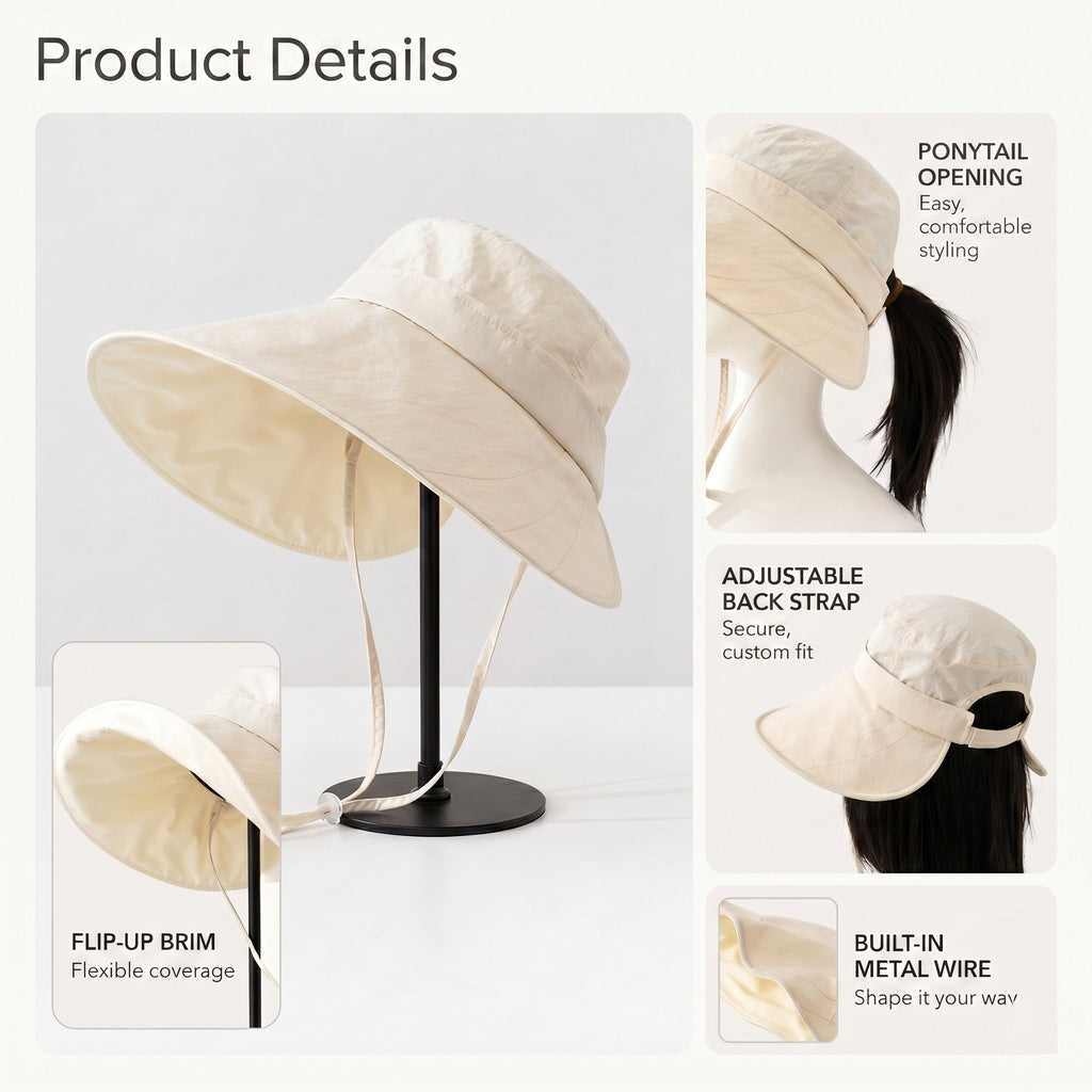Wide Brim Bucket Sun Hat Adjustable Chin Strap UV Protection Packable Outdoor
