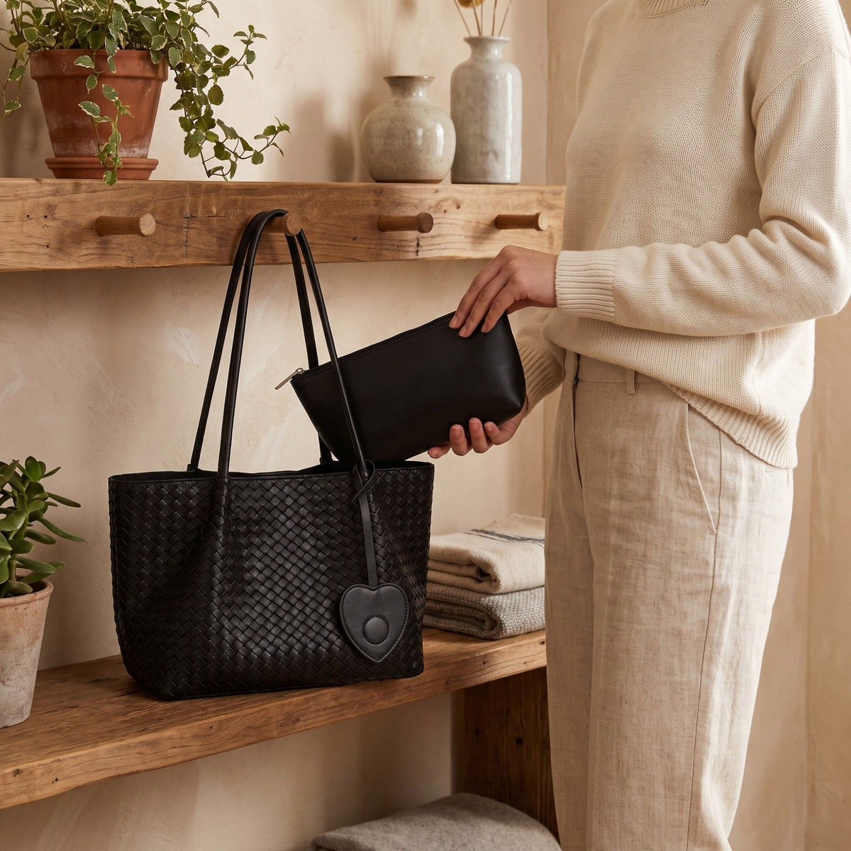 Woven Tote Bag with Heart Charm