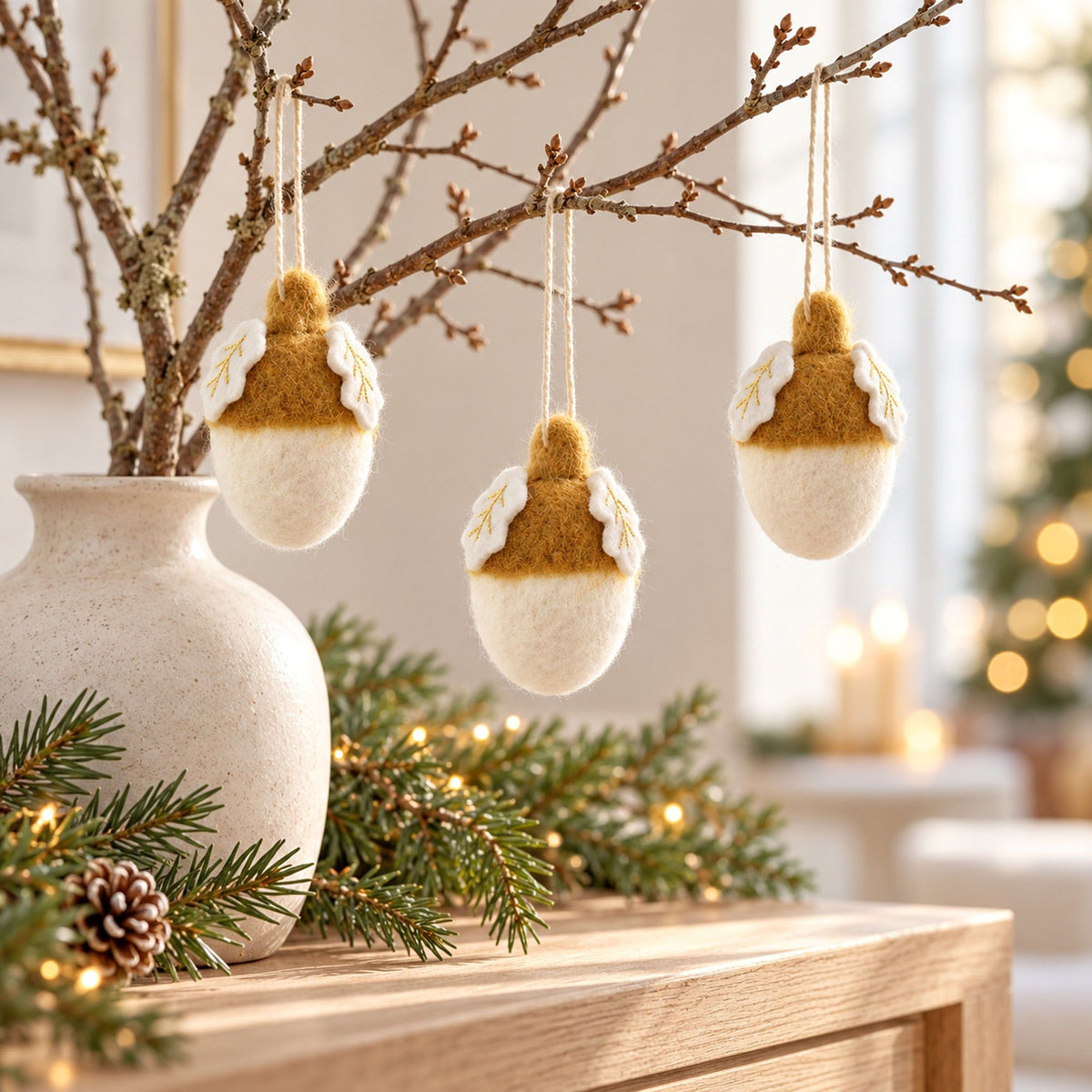 3 Piece Felt Acorn Hanging Christmas Ornament Set Gift