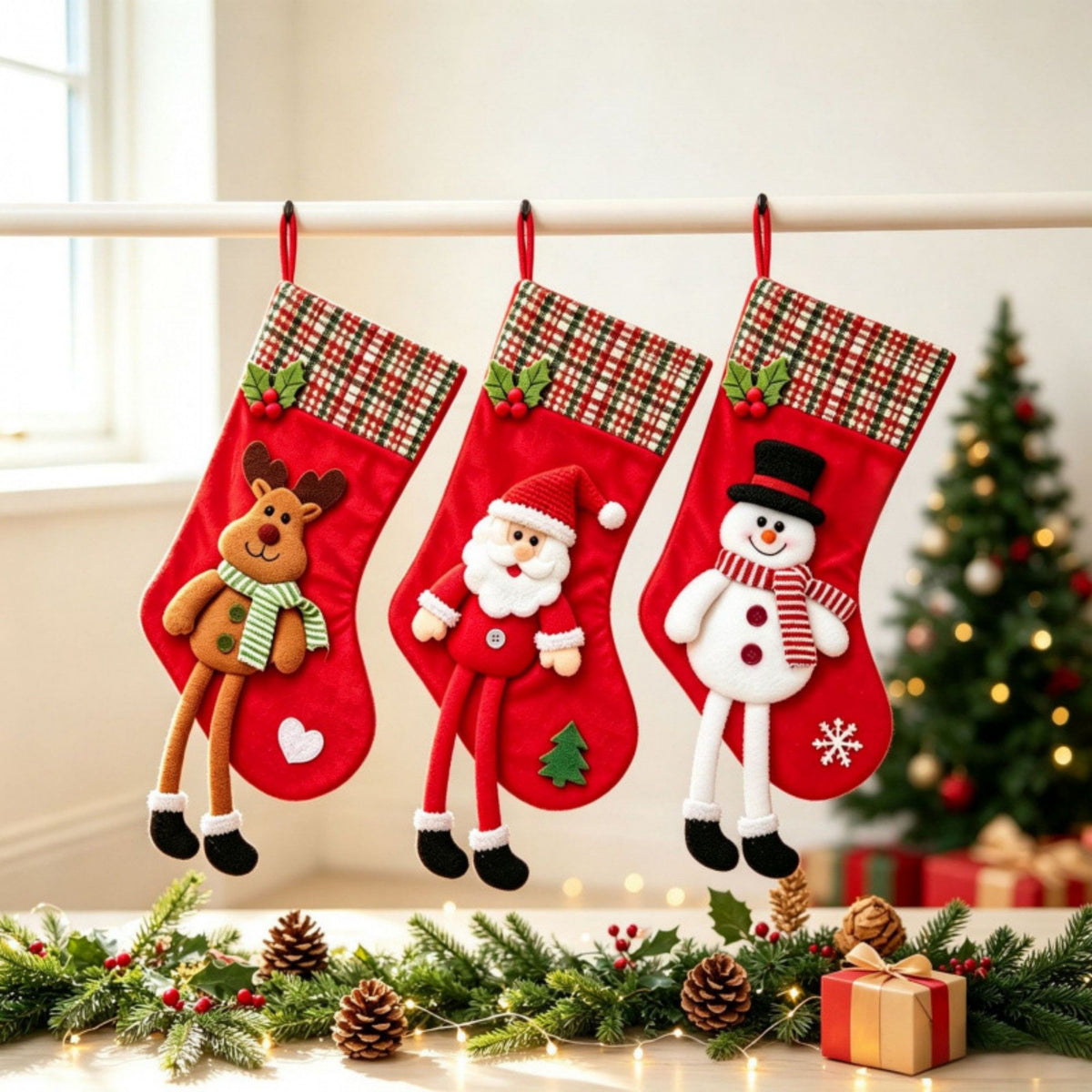 1 Piece Christmas Stocking with Plush Character and Plaid Cuff Hanging Holiday Decoration