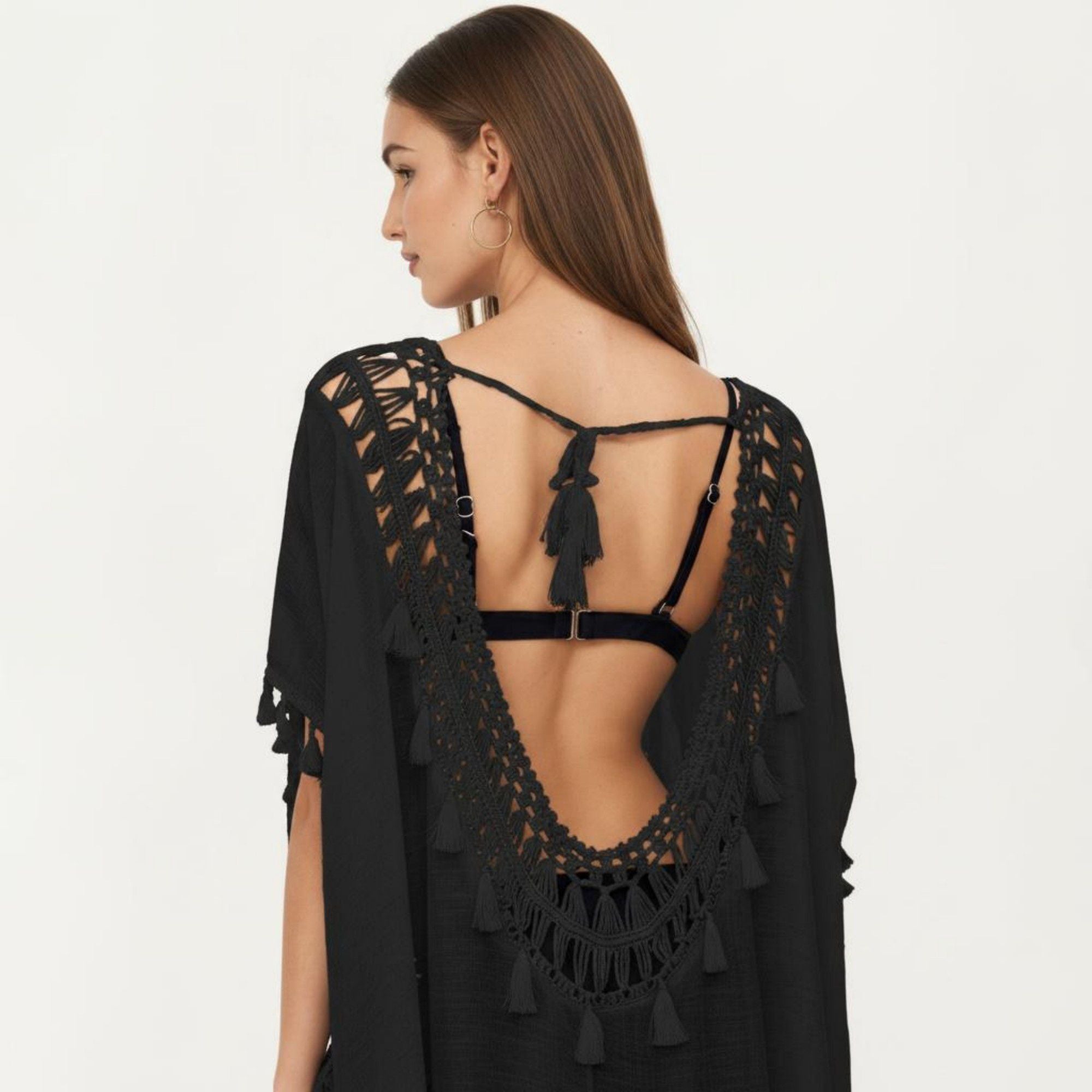 Anna-Kaci Women's Sheer Crochet V Neck Swim Cover Up Poncho with Tassel Trim and Flowy Silhouette
