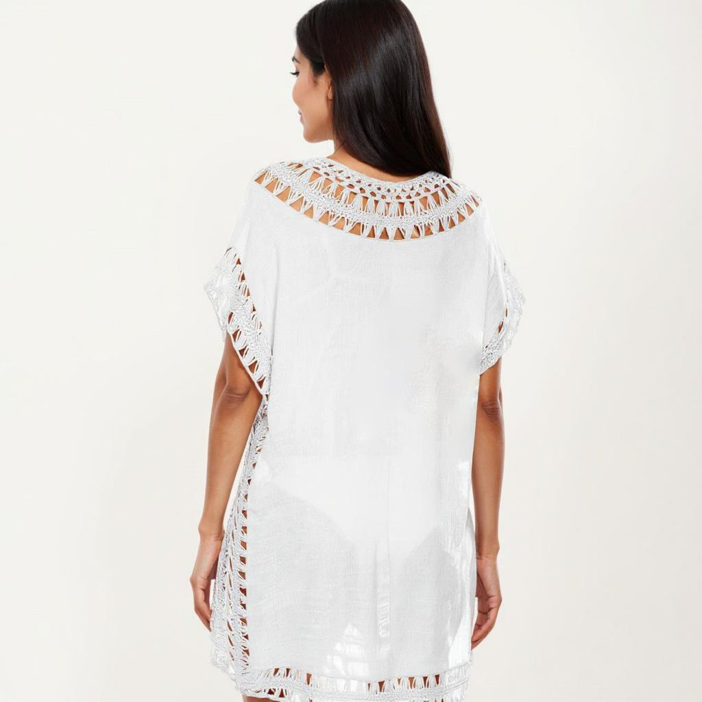 Anna-Kaci Women's Swim Cover Up Dress with Crochet Trim Short Sleeves Relaxed Lightweight Beach Caftan