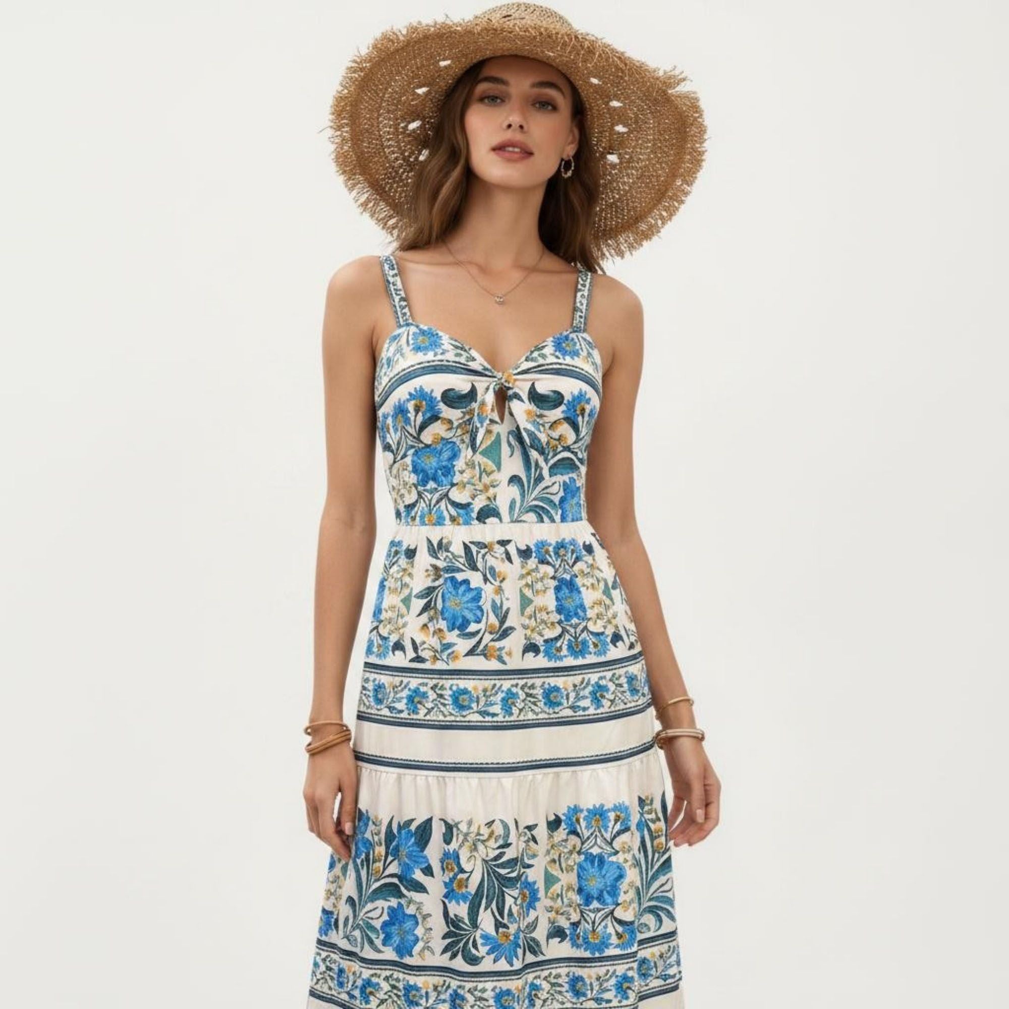 Anna-Kaci Women's Sleeveless Maxi Dress with Adjustable Straps Tiered Skirt Printed Design Flowy Fit