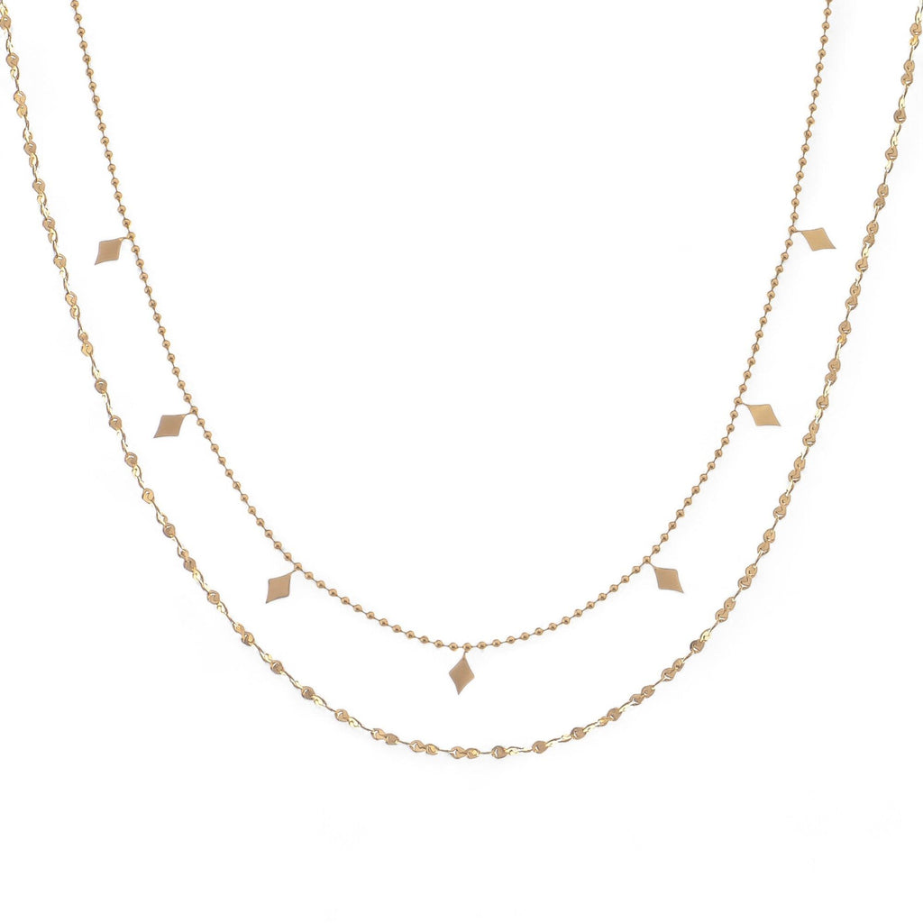 Women's Double Layer Gold Tone Fashion Necklace with Diamond Shape Charms Layered Chain Design