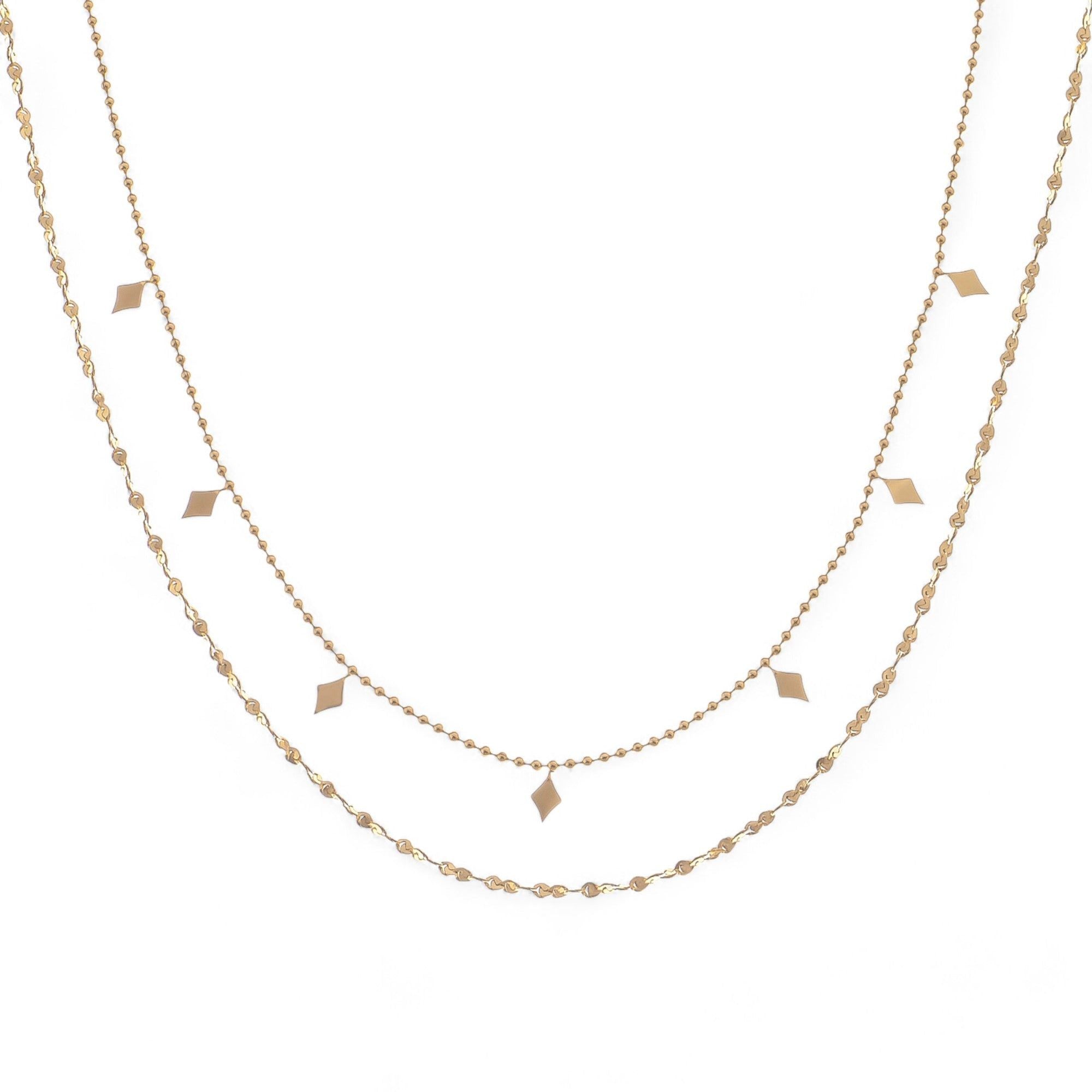 Women's Double Layer Gold Tone Fashion Necklace with Diamond Shape Charms Layered Chain Design