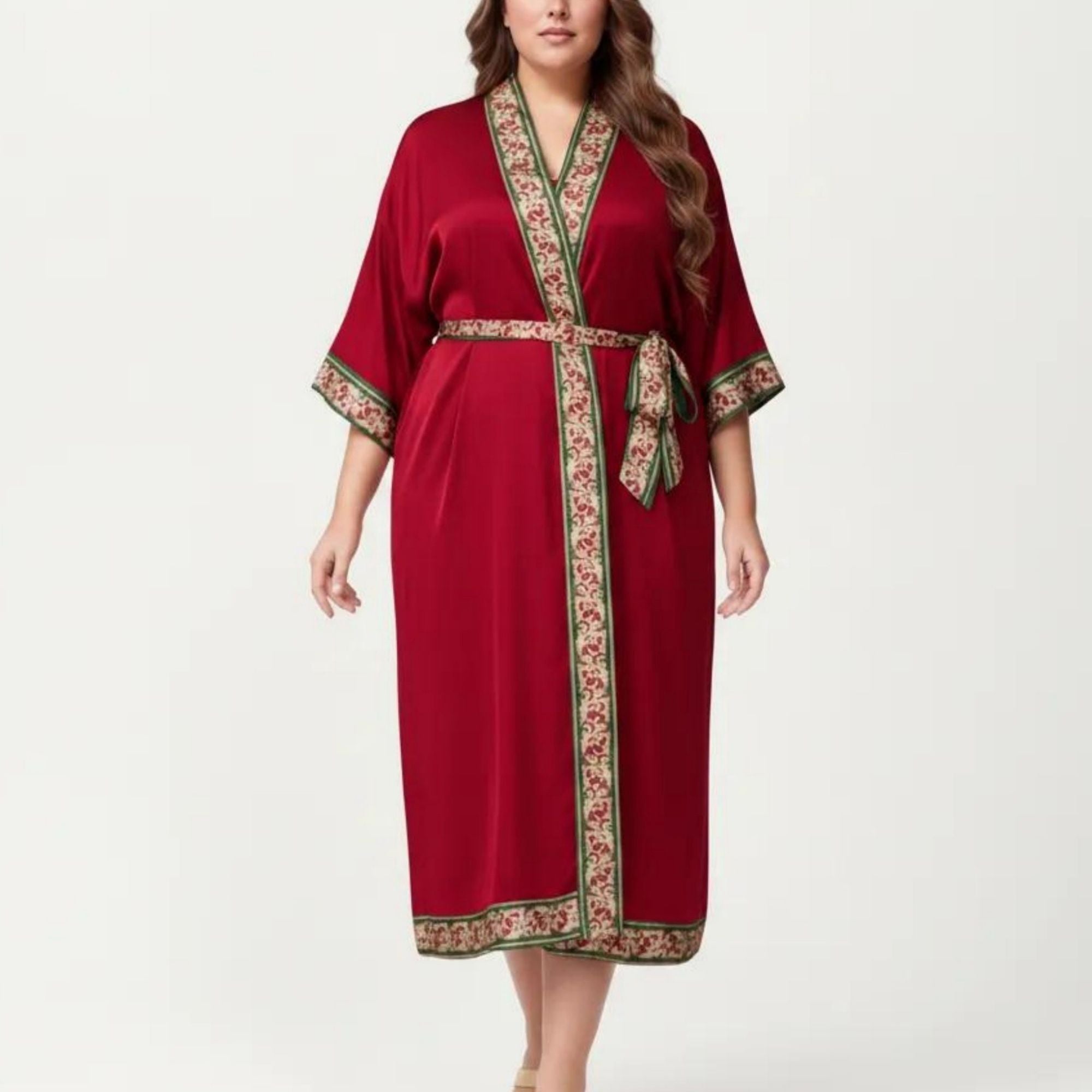Anna-Kaci Lounge Women's Plus Size Satin Robe with Floral Trim Belted Kimono Sleeve Long Robe Sleepwear