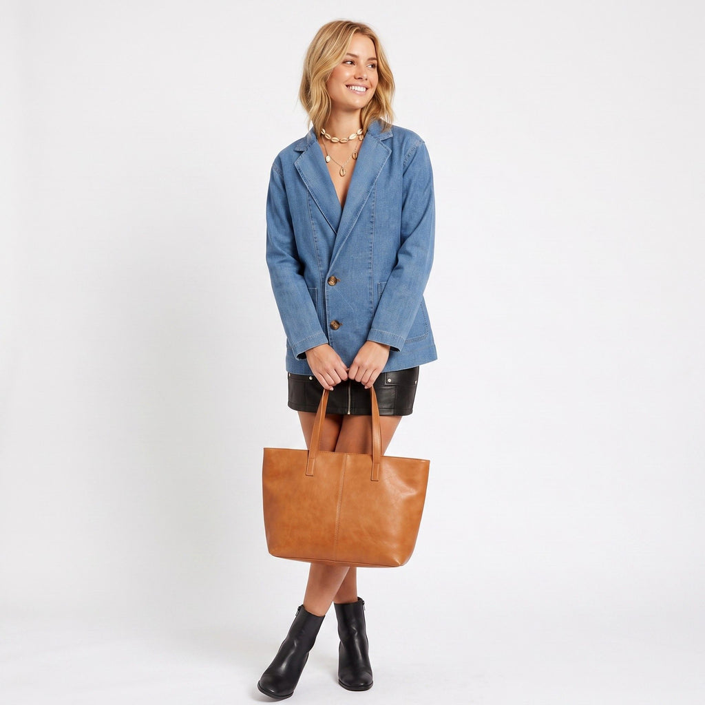 Denim Blazer Jacket Long Sleeve Button Front Jean Coat with Patch Pockets