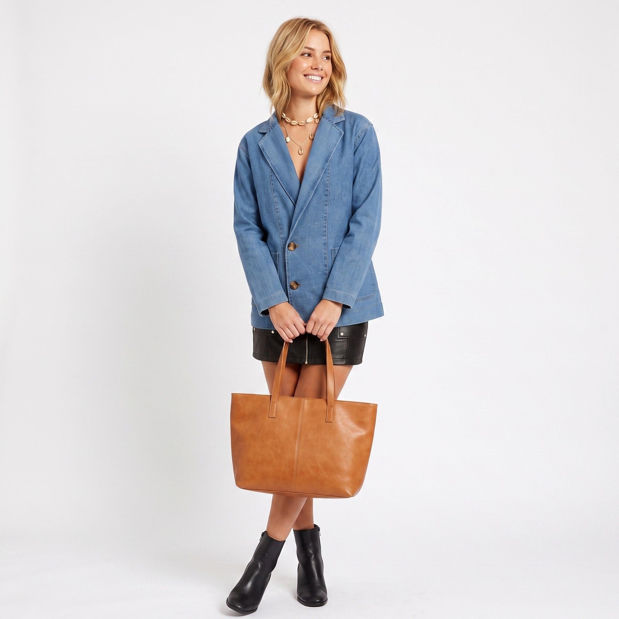 Denim Blazer Jacket Long Sleeve Button Front Jean Coat with Patch Pockets