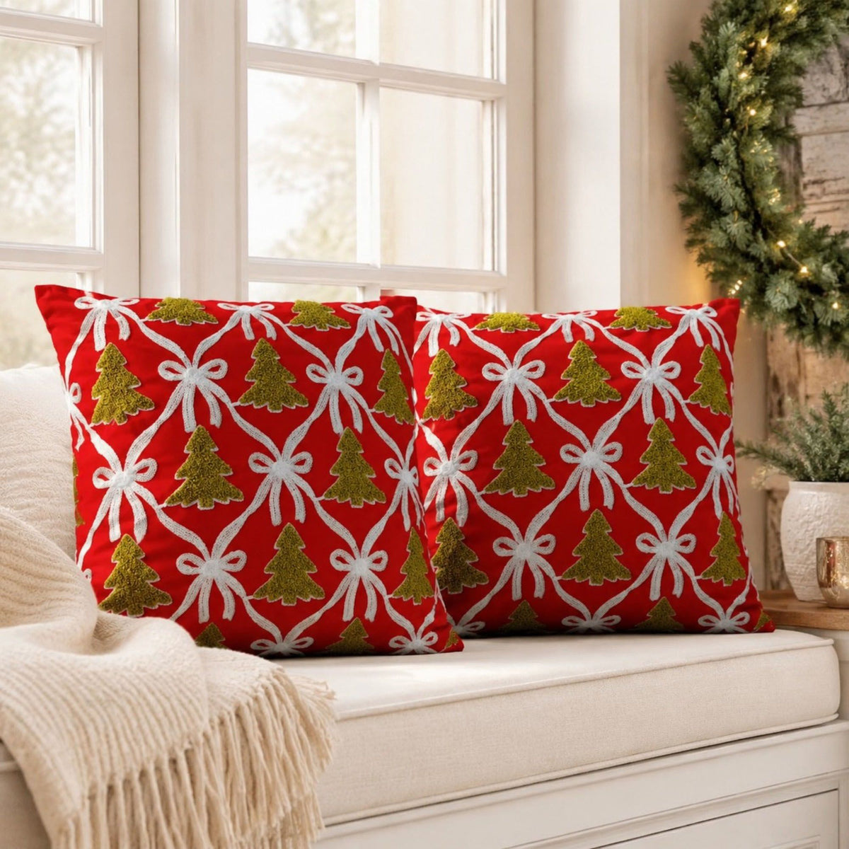 2 Pack Christmas Tree Bow Embroidered Velvet Pillow Covers