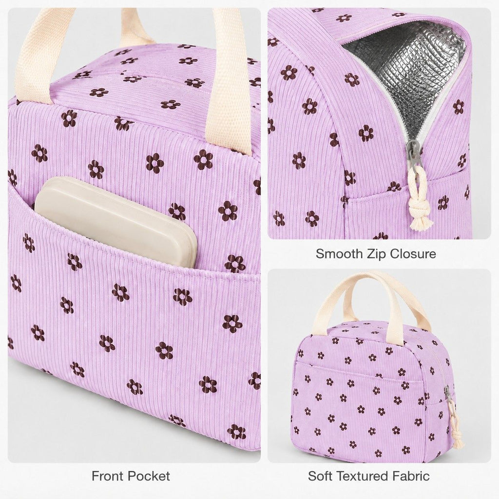 Floral Corduroy Insulated Lunch Tote Bag with Front Pocket and Zip Closure