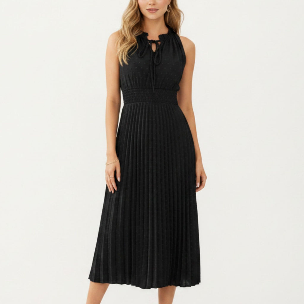 Anna-Kaci Women's Sleeveless Midi Dress with Pleated Skirt and Tie Neck Detail