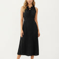 Anna-Kaci Women's Sleeveless Midi Dress with Pleated Skirt and Tie Neck Detail