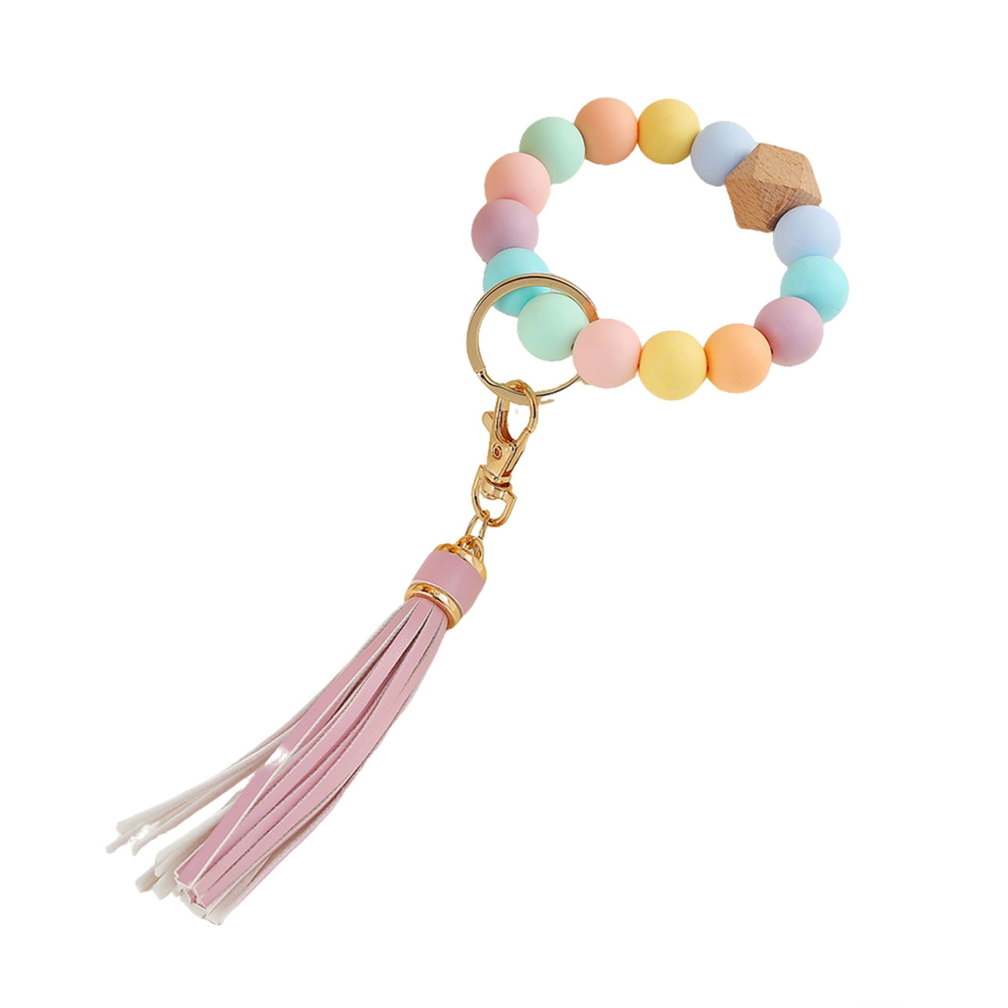 Beaded Keychain Bracelet with Tassel Charm and Elastic Loop