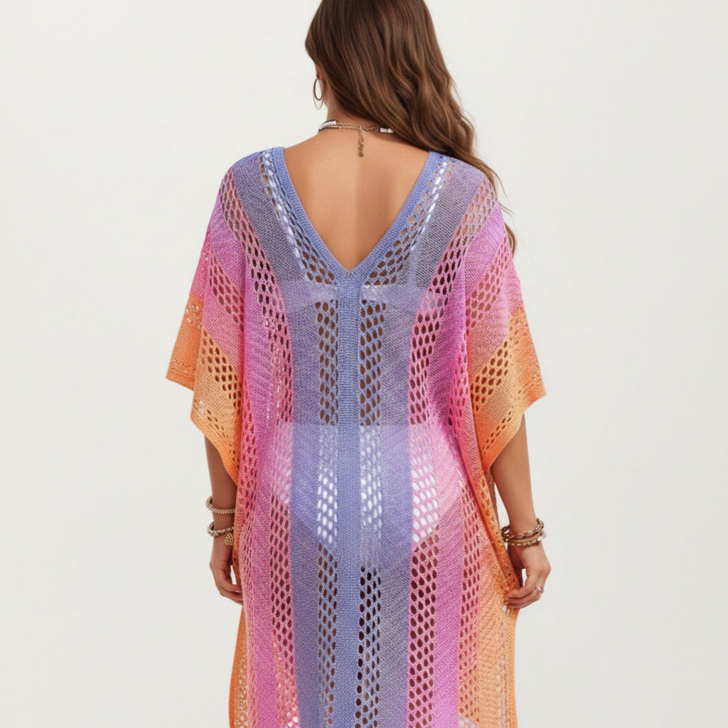 Anna-Kaci Women's Ombre Crochet Swim Cover Up Dress with Open Knit Mesh Design V Neck Short Sleeves Relaxed Fit