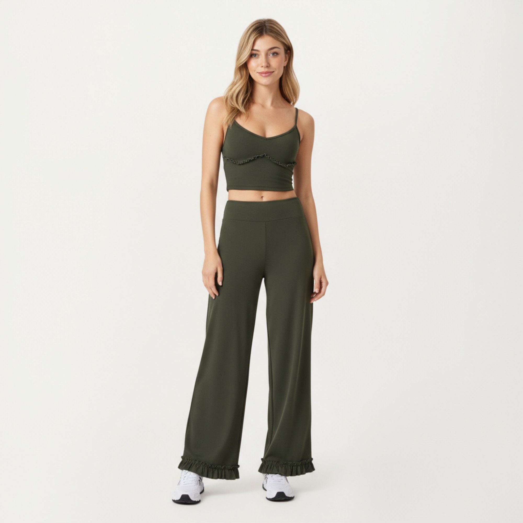 Anna-Kaci Active Women's High Waist Wide Leg Sweatpants with Ruffle Hem Detail