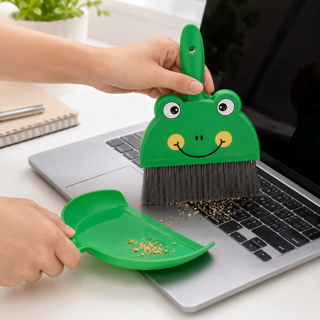 2-Piece Mini Dustpan and Brush Set with Animal Face Design for Tabletop Cleaning