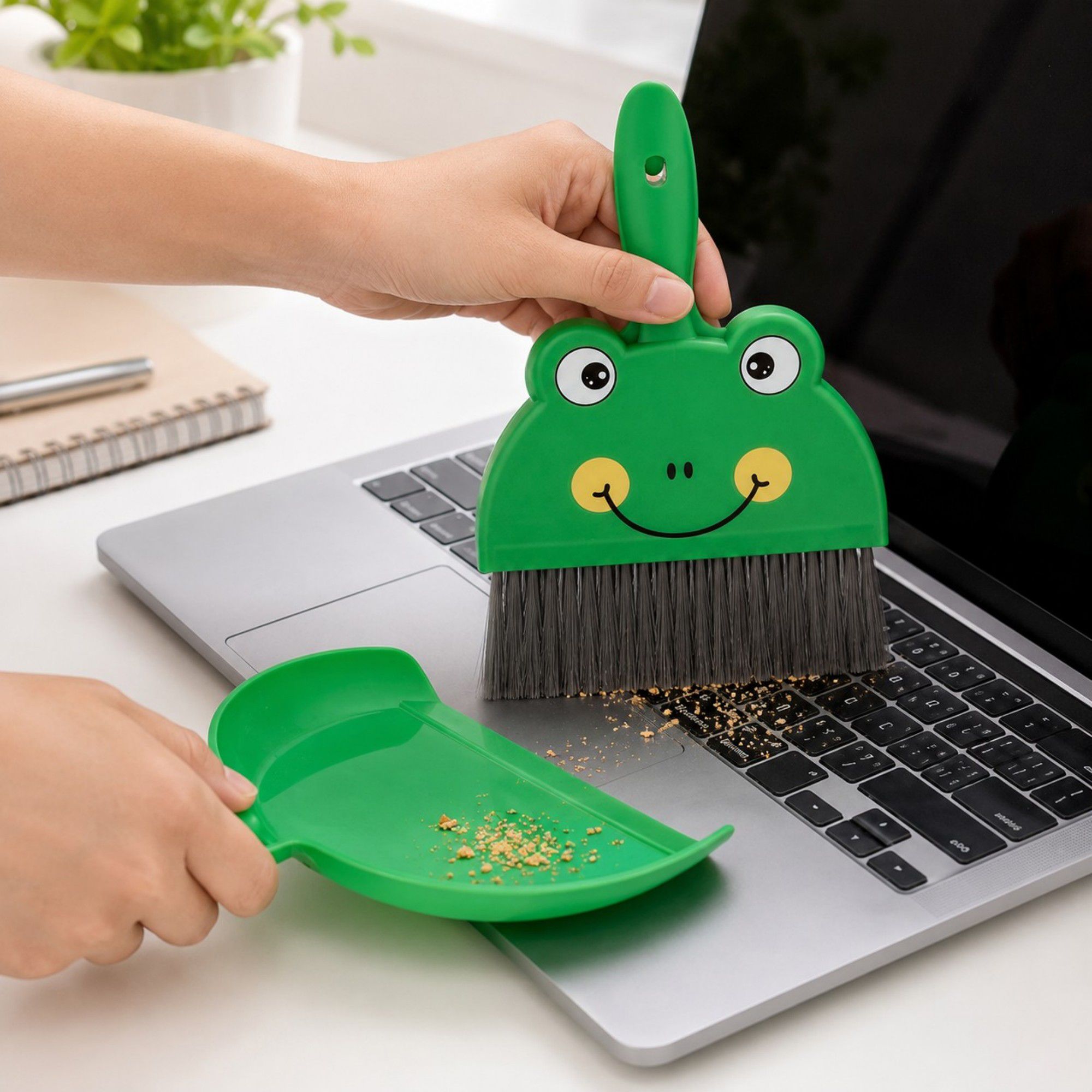 2-Piece Mini Dustpan and Brush Set with Animal Face Design for Tabletop Cleaning