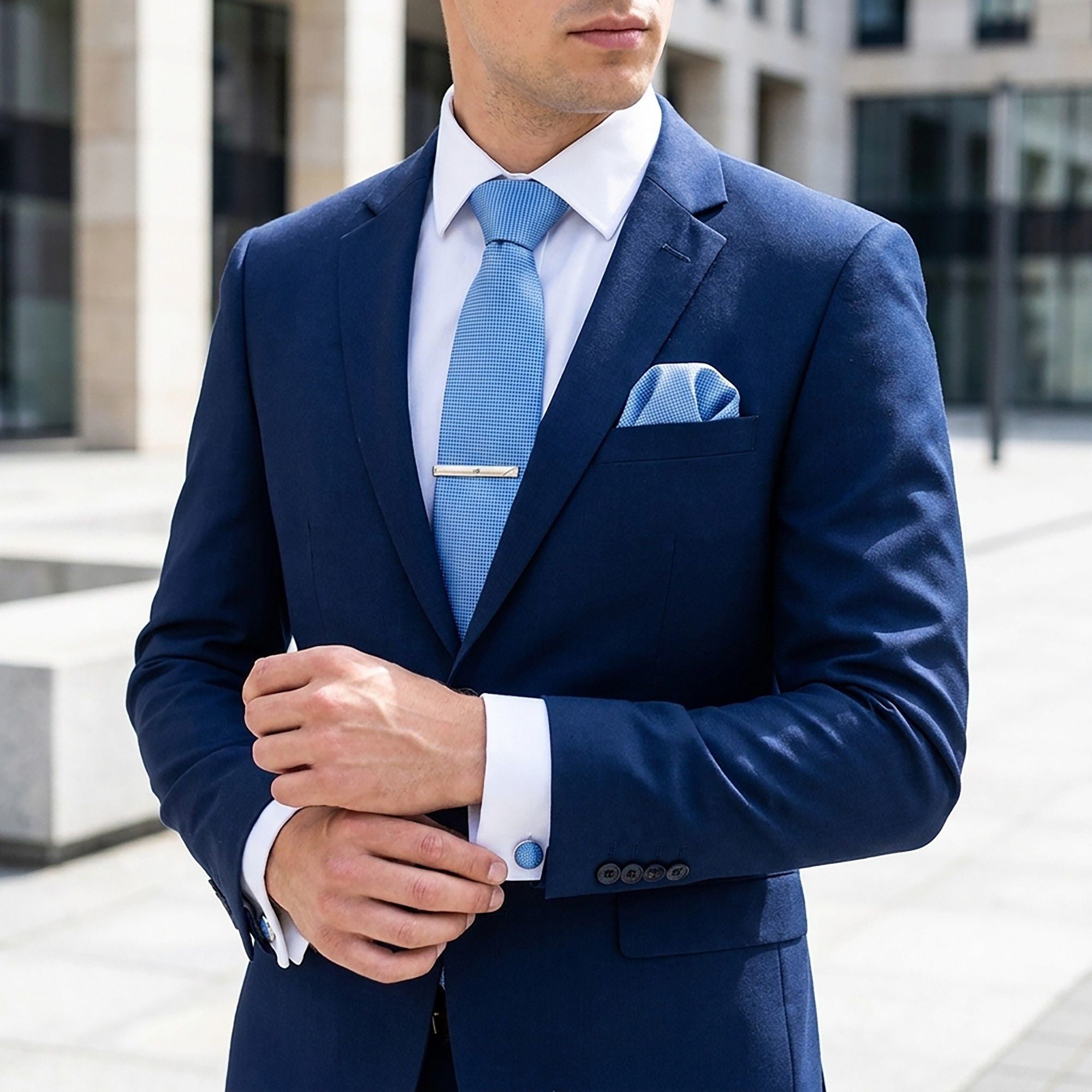 Men's Jacquard Woven Tie Set with Pocket Square Cufflinks and Tie Clip