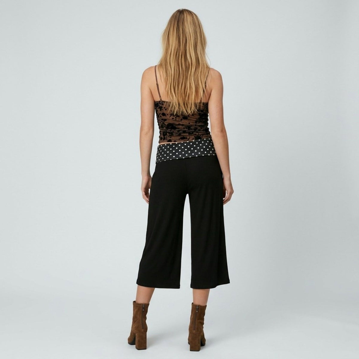 Polka Dot Contrast Waistband Cropped Wide-Leg Trousers