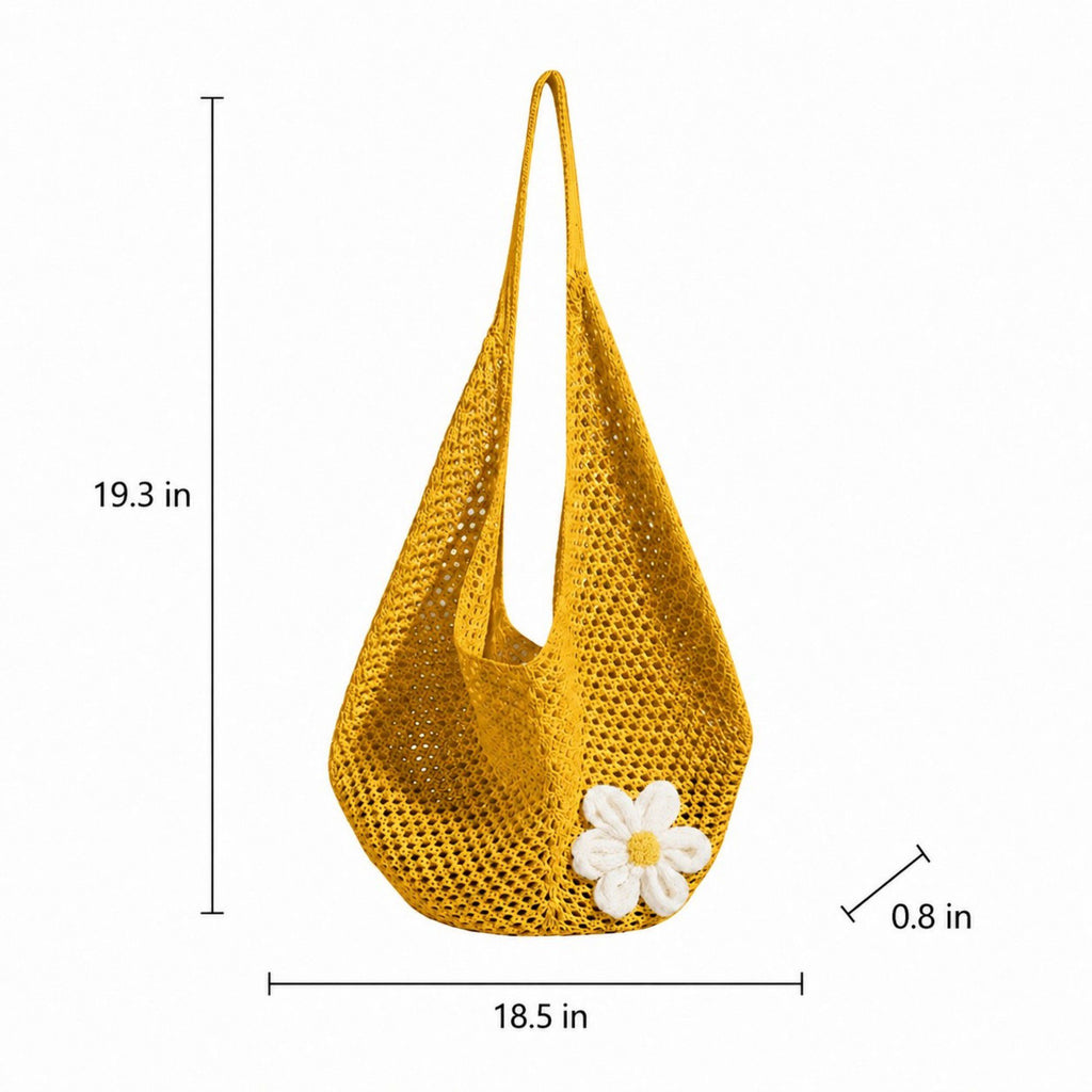 Flower Detail Woven Tote Bag for Women - Lightweight Summer Shoulder Bag for Vacation