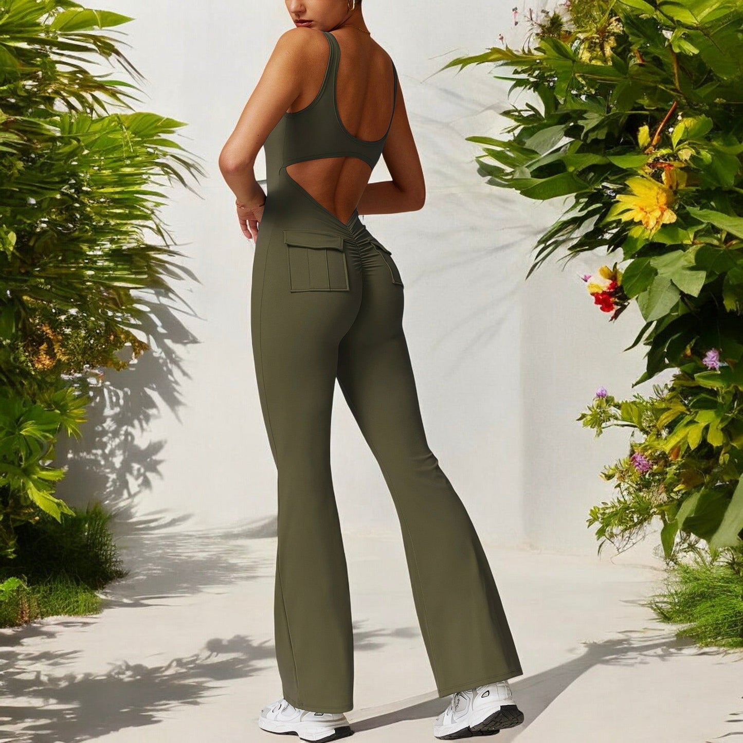 Seamless Flared Bodysuit with Scoop Neck for Activewear