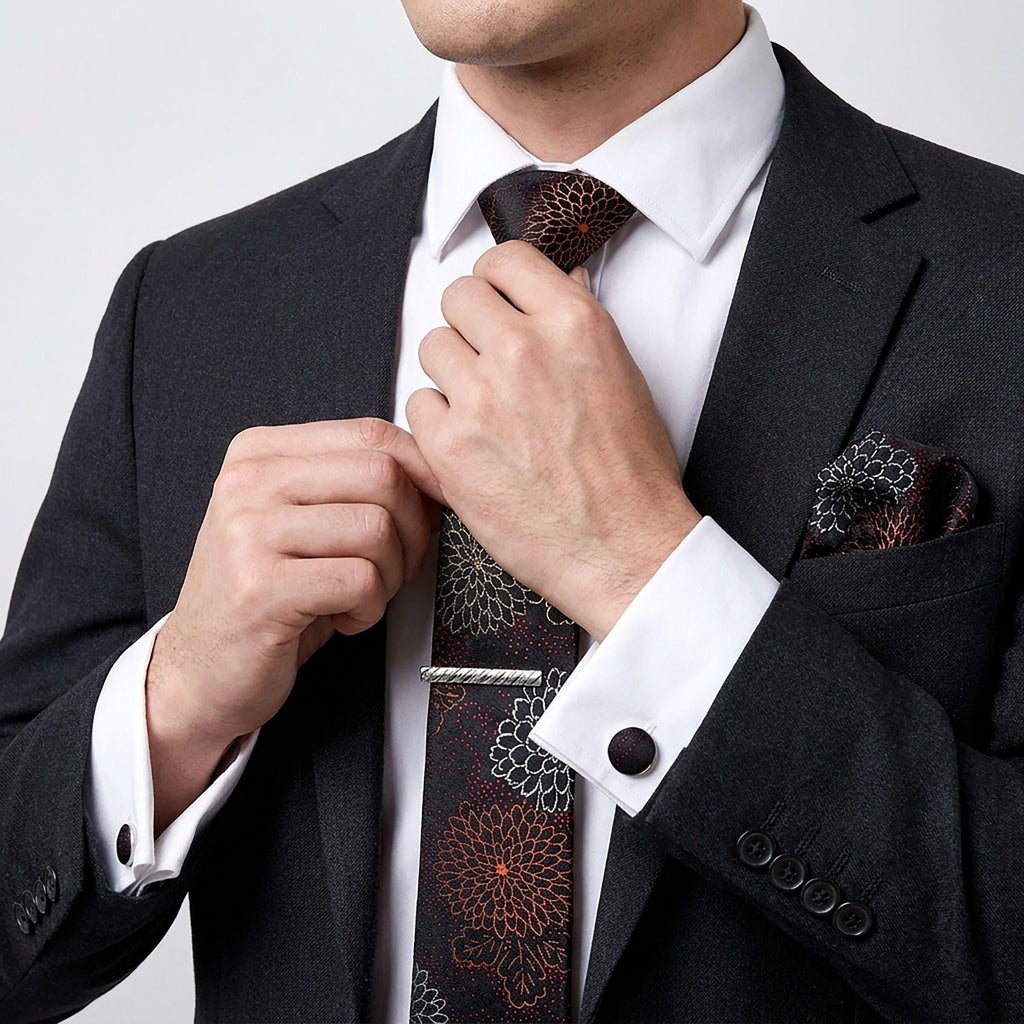 Men's Floral Pattern Tie Gift Set with Matching Pocket Square Cufflinks and Silver Tie Clip