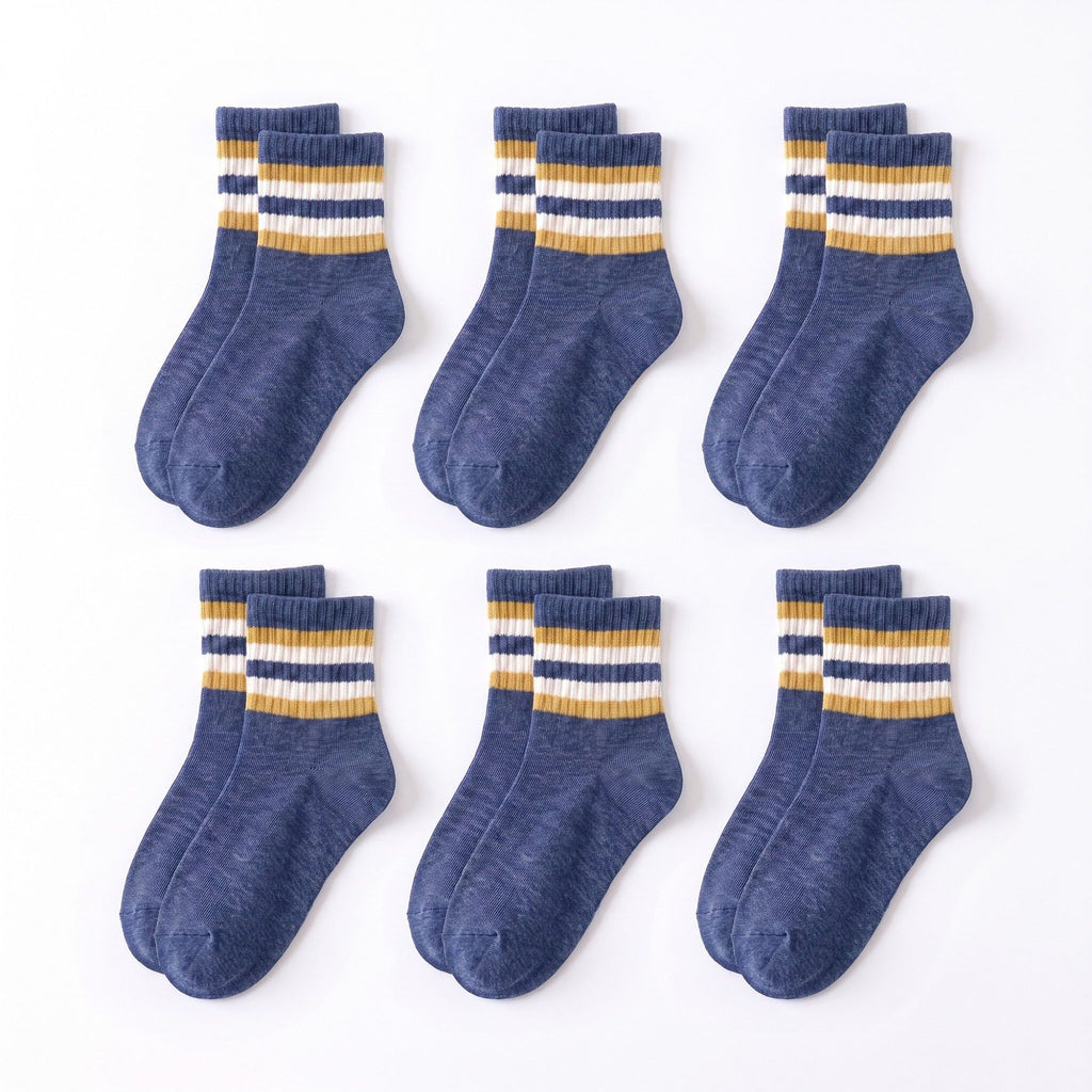 6 Pair Striped Crew Socks with Ribbed Cuffs