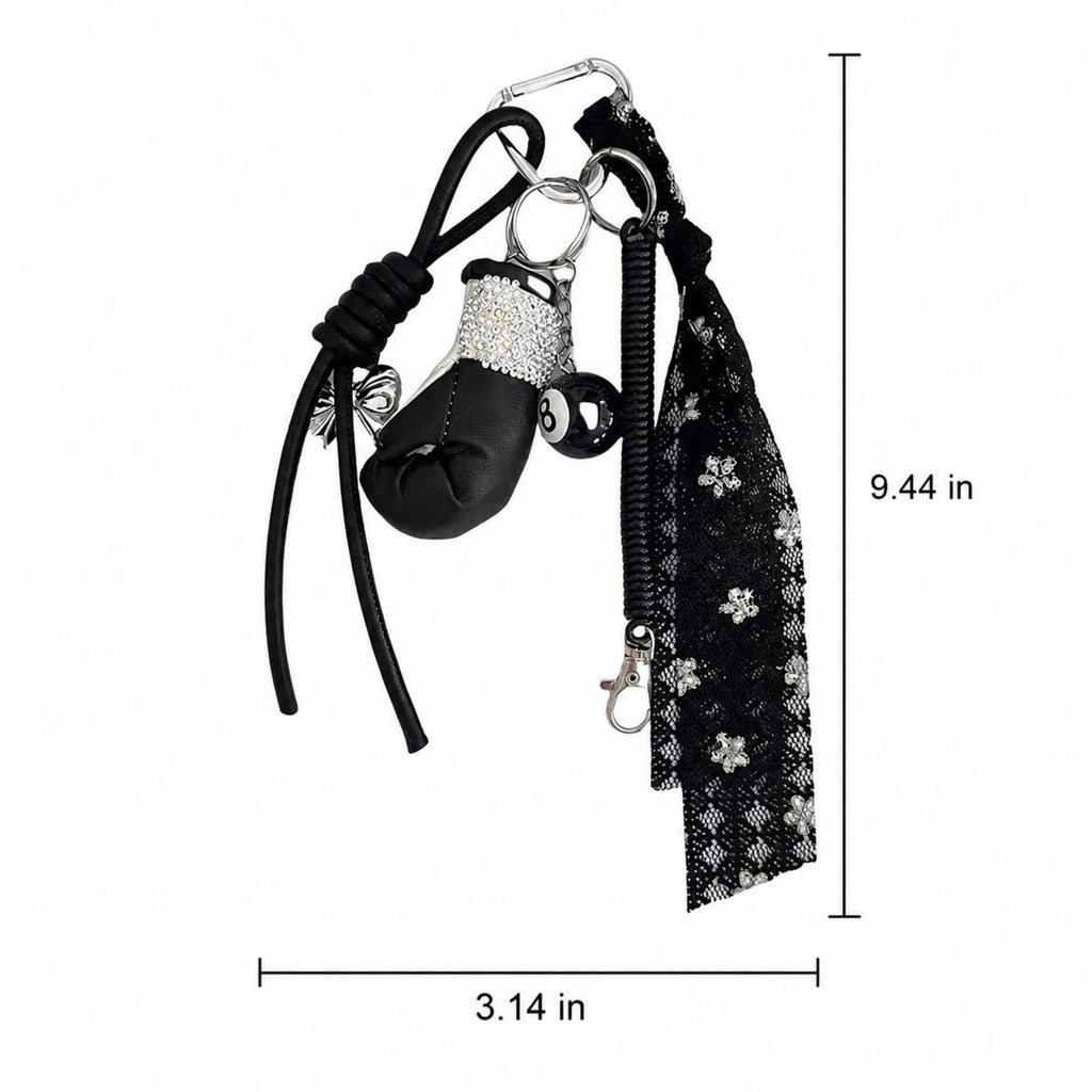 Boxing Glove Keychain Bag Charm with 8 Ball Accent Lace Ribbon and Clip